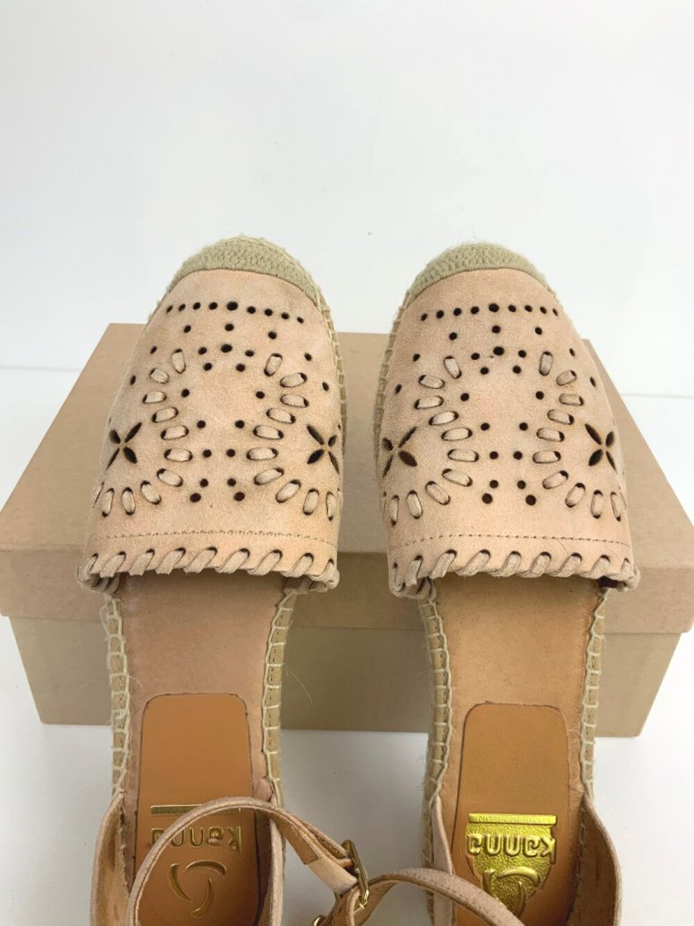 Kanna Flat Closed Toe Tan/Blush Nutbuck Laser Cut Ankle Strap Espadrilles Sz 39 - Picture 2 of 16